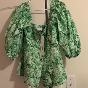 NWT Ganni Puff Sleeve Green Poplin Top